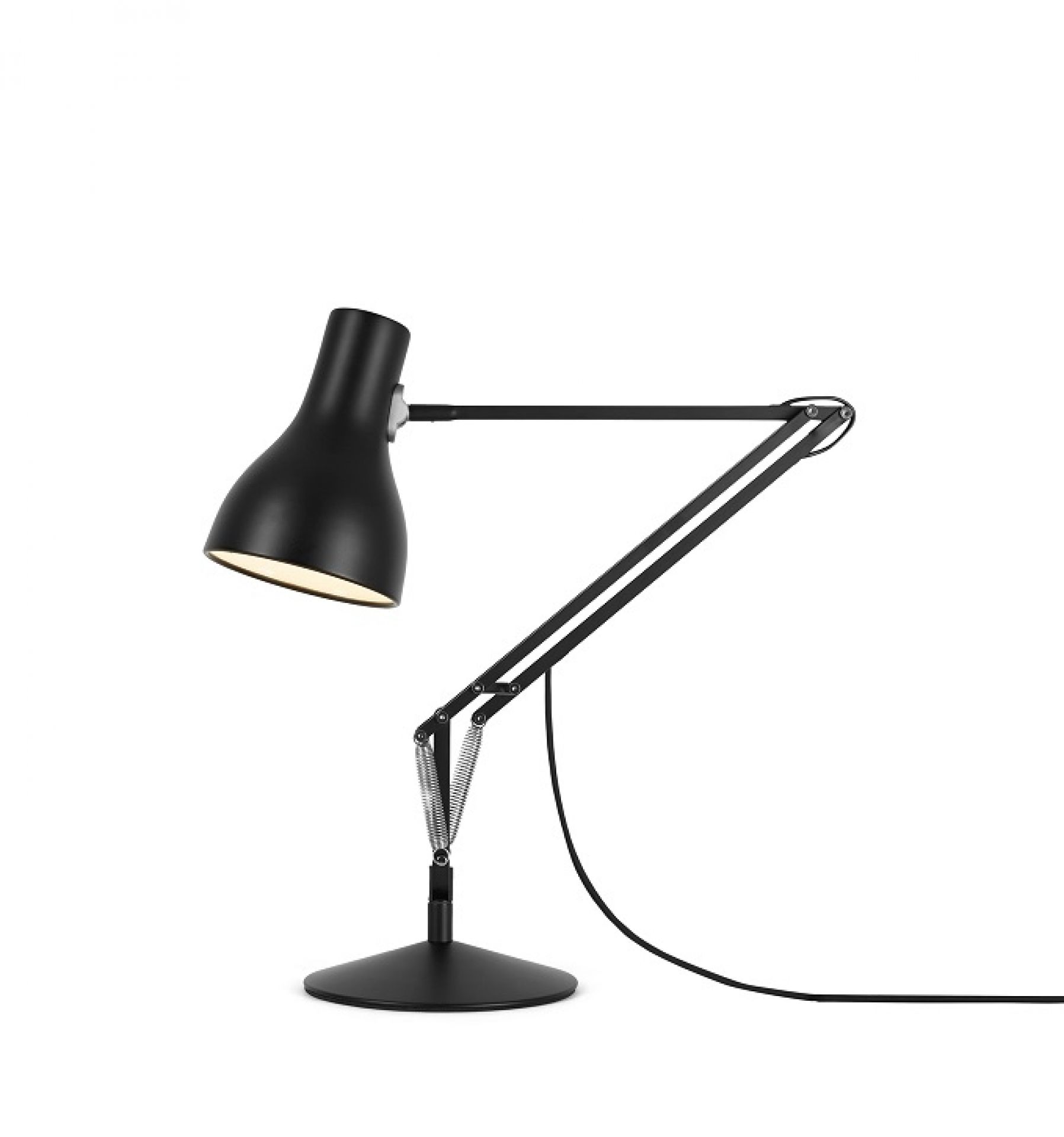 Schwarze Anglepoise Type 75 Tischleuchte mit verstellbarem Arm und konischem Lampenschirm für Schreibtisch oder Nachttisch.